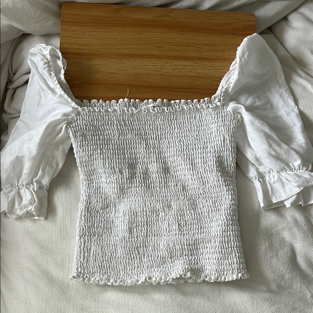 White Smocked Puff Sleeve Blouse
